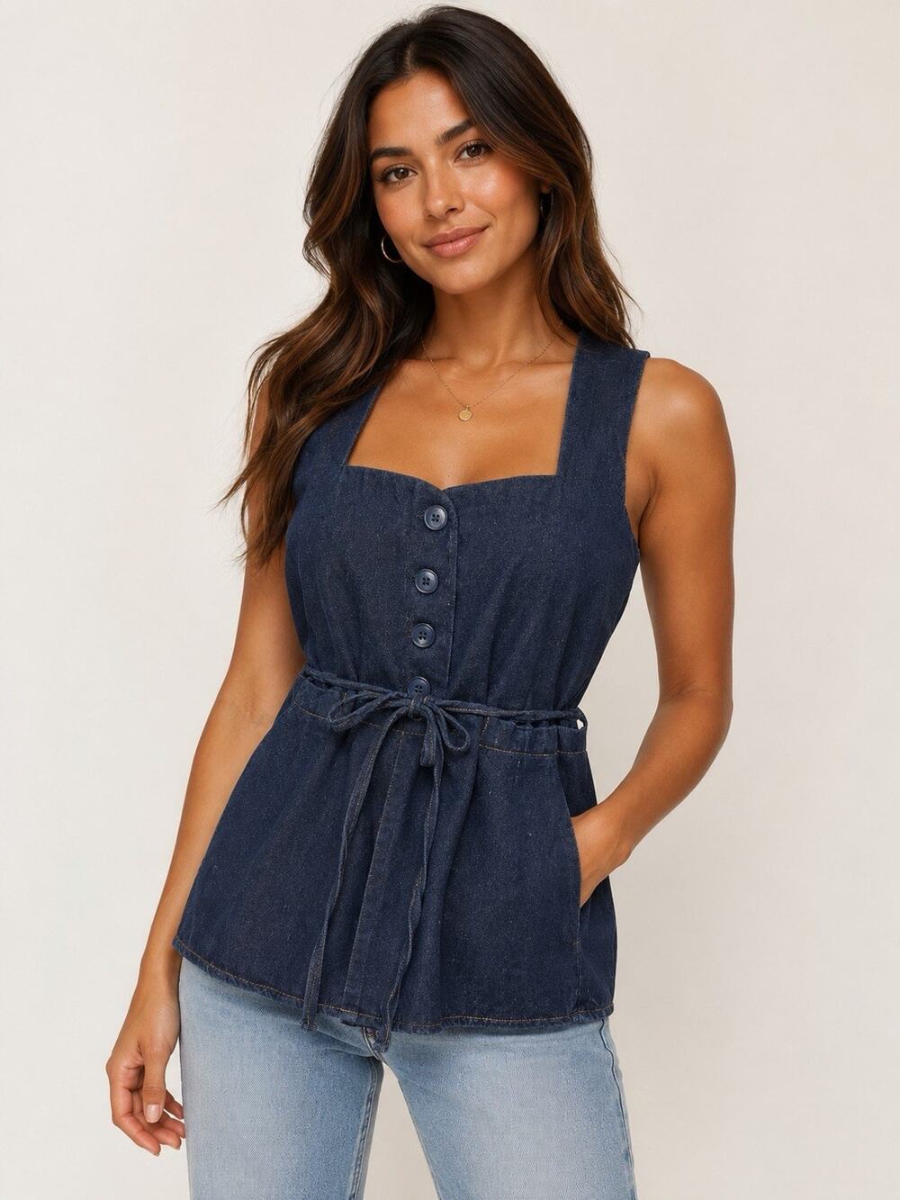 Olivaceous Denim Tie Waist Sleeveless Peplum Top Women’s Large Button Front